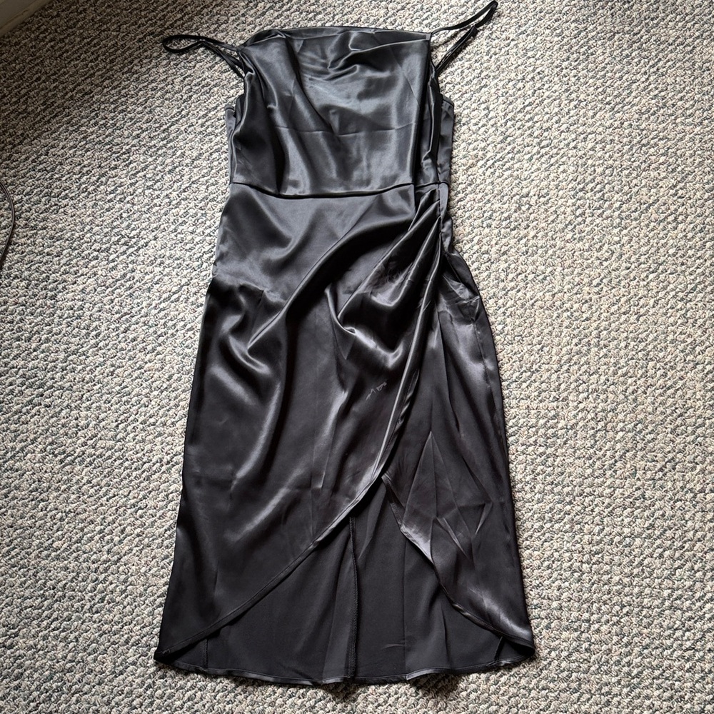 Black Satin Slip Dress with Draped Overlay